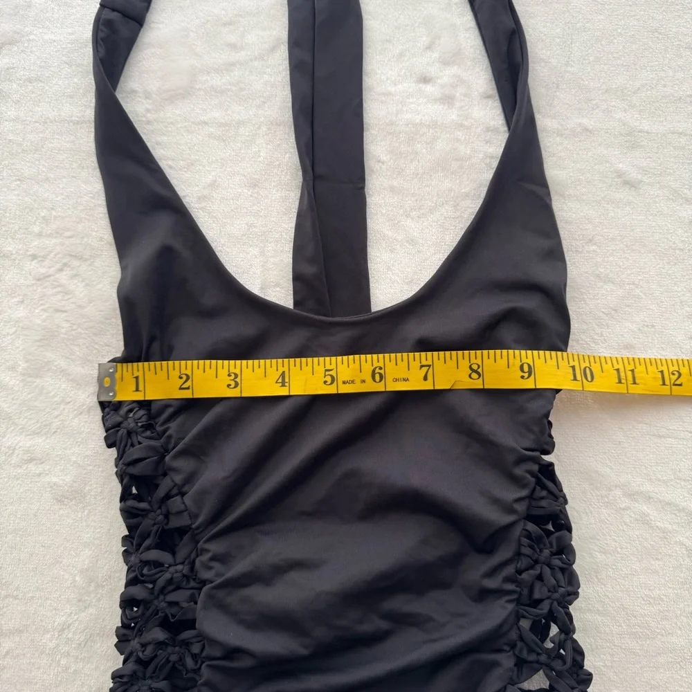 Frankie's Bikinis Camilla One Piece Knotted Macrame Bathing Suit in Black Small